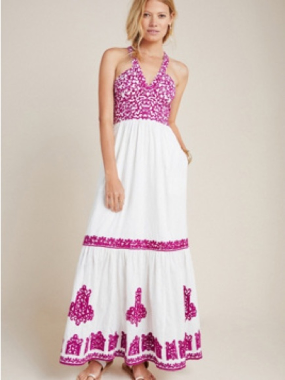 Anthropologie White Maxi Dress with Pink Embroidered Bodice